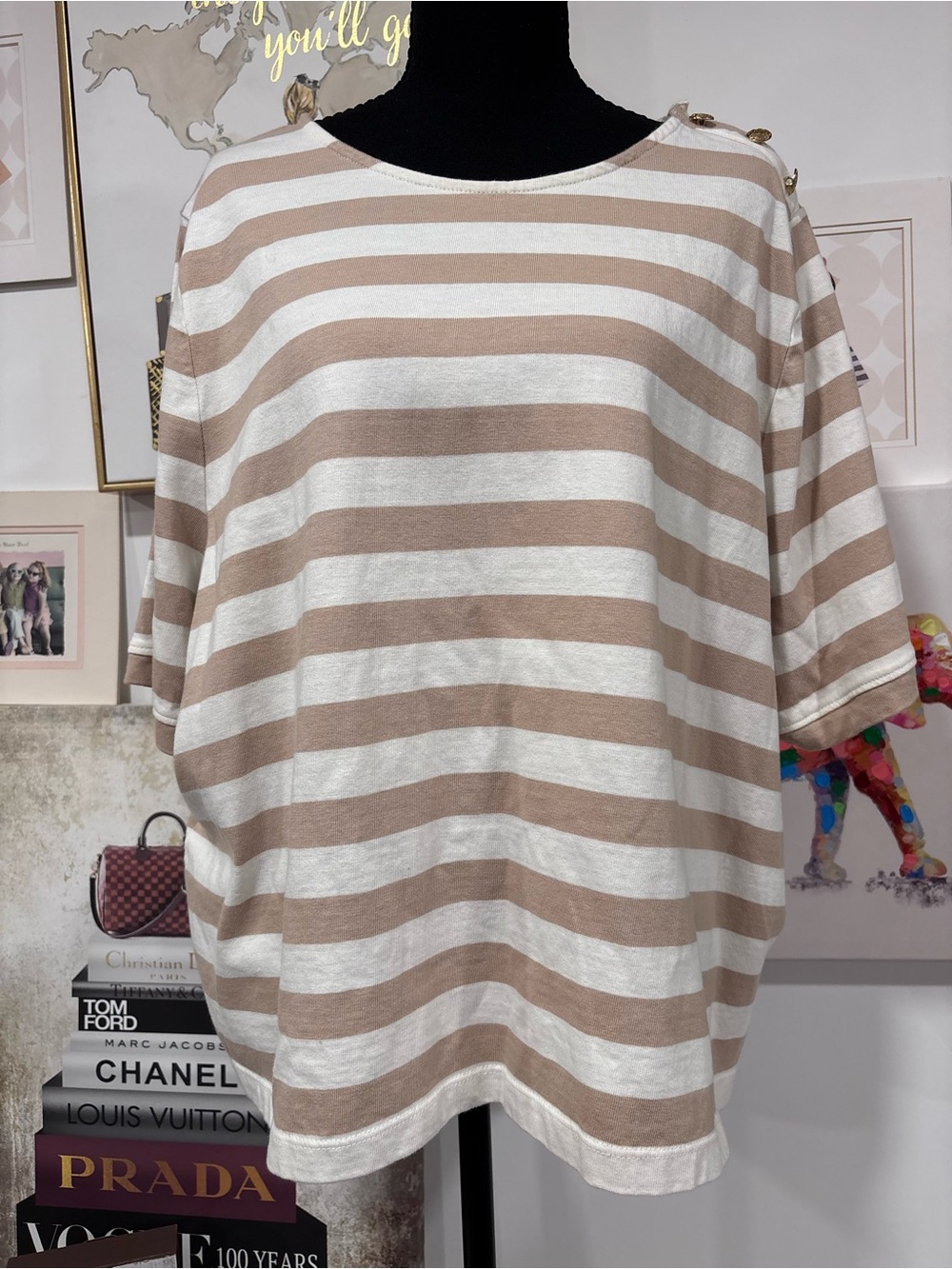 J. Crew Beige and White Striped Boatneck Top with Shoulder Buttons